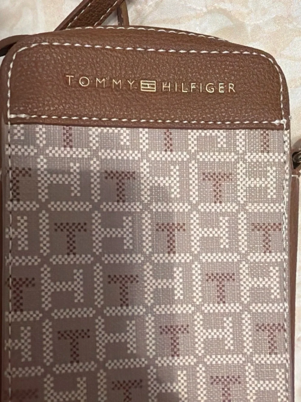 Tommy Hilfiger Brown Beige Monogram Crossbody Phone Bag
